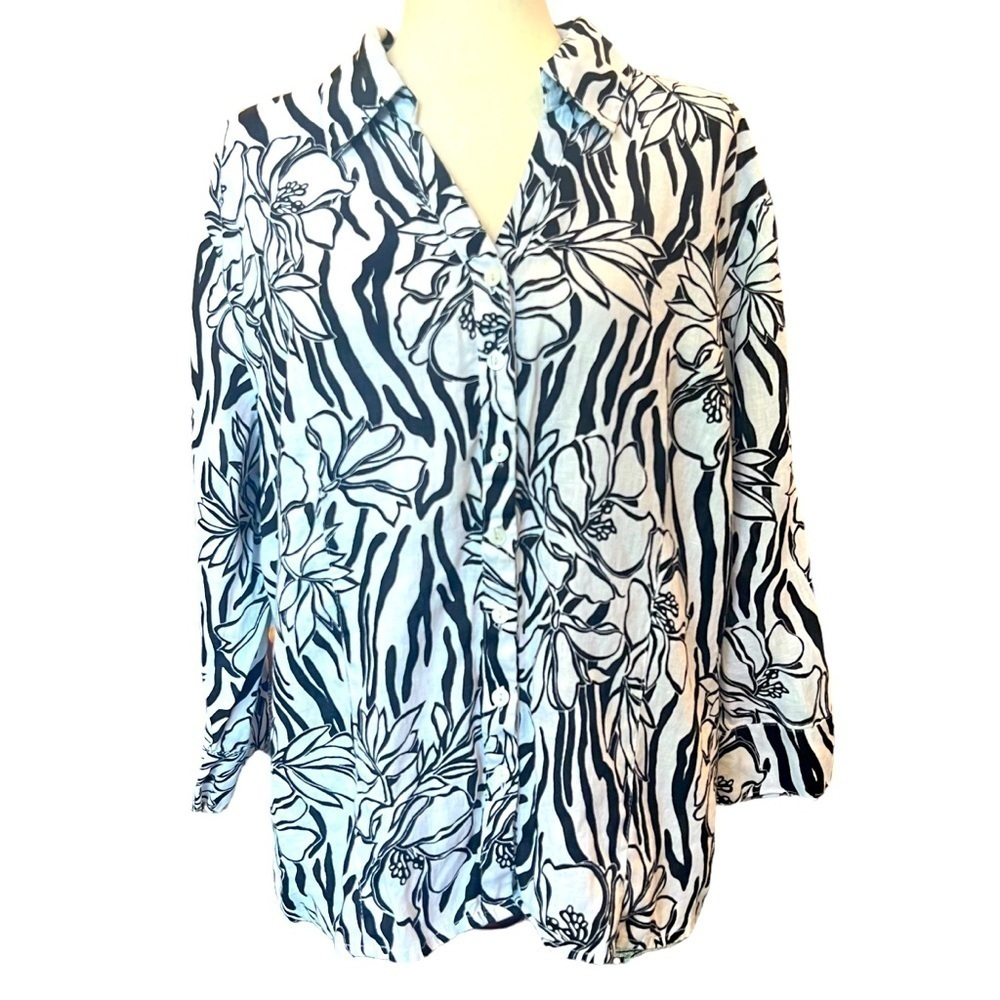 100% Linen Floral Zebra Button Up Top Sz 18 2X Tropical Vacation Artsy Hawaiian